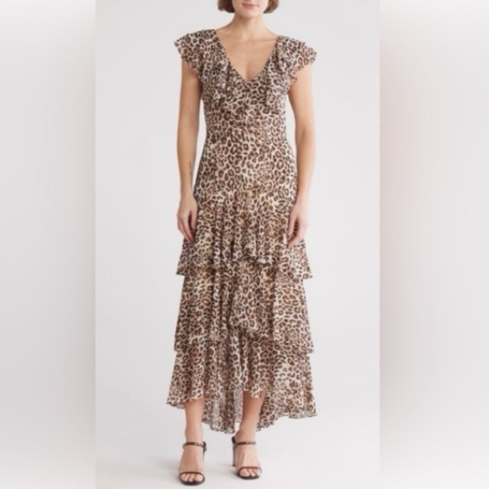 NEW WAYF Animal Print Leopard Print Tier Ruffle Maxi Dress XS
